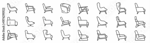 Minimalist Modern Lounge Armchair Side View Vector Line Art Icon Set