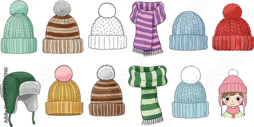 Winter Hat and Scarf Clipart Set with Cozy Knitted Beanies, Earflap Cap, and Cold Weather Accessories Illustration