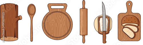 Wooden Kitchen Utensils and Cutting Board Collection with Rolling Pin, Knife, Spoon, and Bread for Rustic Cooking Design Projects