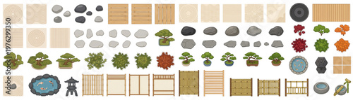 Top Down Modern Japandi and Zen Garden Landscape Architecture Vector Asset Set