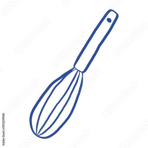 Hand drawn blue line art whisk vector illustration. Kitchen tool for whipping and mixing. Isolated cooking utensil icon for bakery and restaurant design.