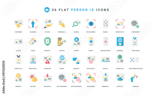 Biometric recognition for person identification, identity document and badge color icon set. Check mark and cross of system verification for access, eye, fingerprint flat elements vector illustration
