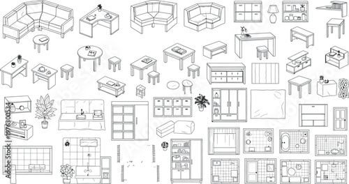Technical drawing collection isometric furniture and architectural elements isolated on transparent background