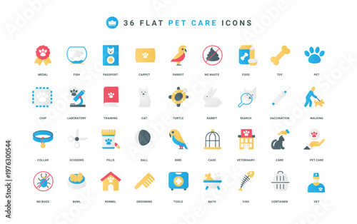 Pet care, veterinary support for animal health and training, vet vaccine and tools color icon set. Hand with paw print, award and doghouse, excrement warning sign flat elements vector illustration