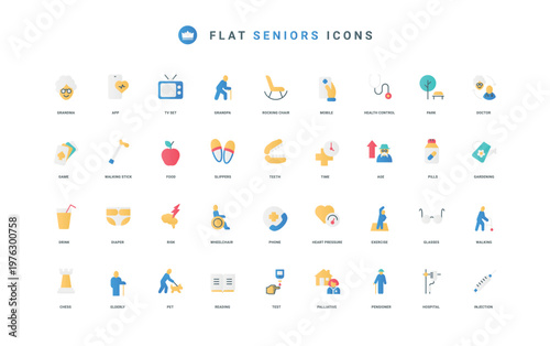 A set of colorful flat icons representing senior lifestyle, care, and daily activities. Includes visuals for healthcare, leisure, and supportive tools, vector illustration.