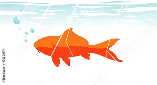 A vibrant orange fish trapped in a net underwater, symbolizing confinement and struggle.