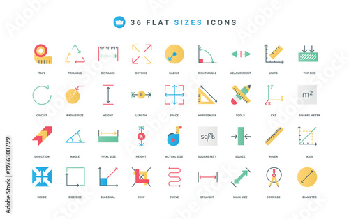 Size and room space, capacity and surface measure with inside and out dimension arrows, tools color icon set. Square meter and diameter, radius flat elements vector illustration