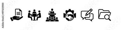 A set of solid black silhouette icons representing corporate business processes, official documentation, and professional communication.
