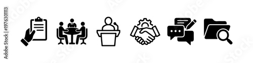 A set of solid black silhouette icons representing corporate business processes, official documentation, and professional communication.