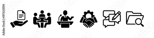 A set of solid black silhouette icons representing corporate business processes, official documentation, and professional communication.
