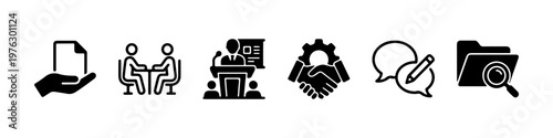 A set of solid black silhouette icons representing corporate business processes, official documentation, and professional communication.