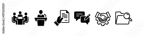 A set of solid black silhouette icons representing corporate business processes, official documentation, and professional communication.