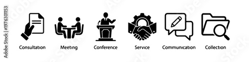 A set of solid black silhouette icons representing corporate business processes, official documentation, and professional communication.