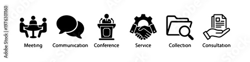 A set of solid black silhouette icons representing corporate business processes, official documentation, and professional communication.