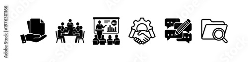 A set of solid black silhouette icons representing corporate business processes, official documentation, and professional communication.