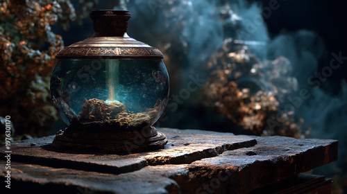 Pre-Qin Mid-Autumn Moon Sacrifice Illustration, Basalt Altar, Full Moon Divine Light, Bronze Jue, Jade Cong, Cosmic Nebula for Commercial Use
