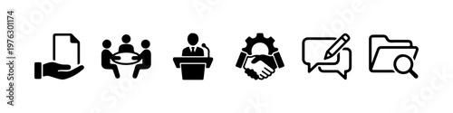 A set of solid black silhouette icons representing corporate business processes, official documentation, and professional communication.