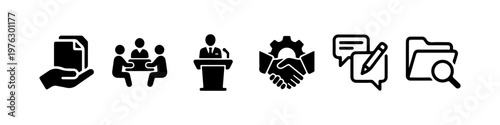 A set of solid black silhouette icons representing corporate business processes, official documentation, and professional communication.