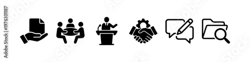 A set of solid black silhouette icons representing corporate business processes, official documentation, and professional communication.