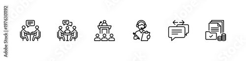 A set of thin line icons for business communication, office management, and corporate professional services.