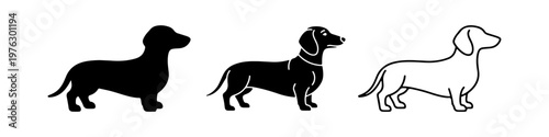 A set of minimalist dog icons featuring a dachshund silhouette in solid black, detailed black, and thin line art styles.