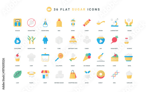 Sugar and natural sweeteners for chefs dessert and candy, tea and coffee color icon set. Refined sugar cubes in plate and jar, spoon and hand, stevia leaf and scales flat elements vector illustration