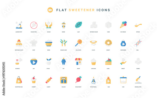 Sugary fat and sugarless products, risk of diabetes and obesity thin symbols vector illustration. Sugar, and sweeteners, pure crystal cubes and organic sugarcane flat icon set