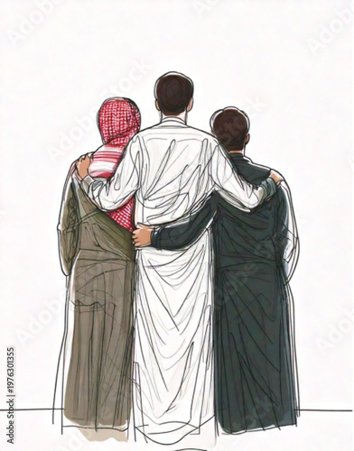 Three men standing together with arms around each other.