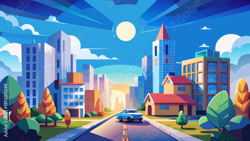 Cityscape, urban landscape, illustration, vector graphics, sunny day, buildings, road, transportation