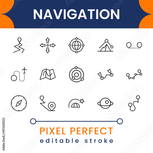 Navigation and location icon pack with GPS maps, route planning, compass directions, tracking systems, travel guidance and positioning tools
