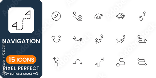 Modern navigation icons with GPS tracking, map routes, location pins, compass tools, travel direction systems and digital wayfinding elements