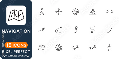 Modern navigation icons with GPS tracking, map routes, location pins, compass tools, travel direction systems and digital wayfinding elements