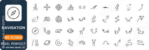 Navigation icon set featuring maps, GPS location pins, route direction, compass, travel guidance, tracking system and wayfinding symbols