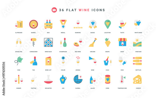 Wine and grapes of vineyard, winery, food for alcohol and sommelier color icon set. Sparkling wine glass and bottle, barrel in shop and cellar, cork and decanter flat elements vector illustration
