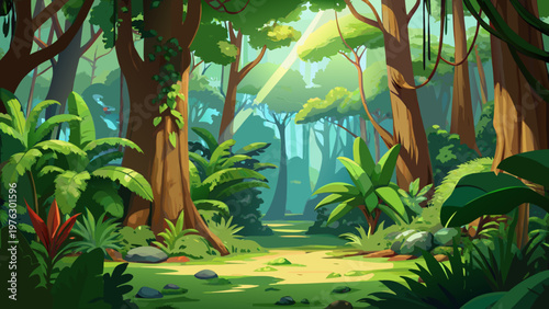 Jungle, tropical forest, cartoon landscape, green environment, sunny pathway