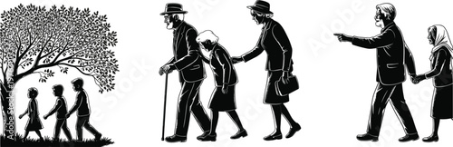 Silhouettes of elderly couples and children walking under a tree, black and white people walking