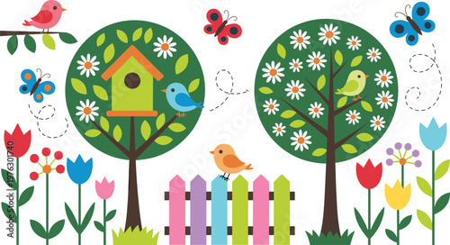 Colorful spring garden landscape with blooming trees, birdhouse, flowers, butterflies, and a picket fence isolated on a white background