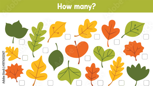 Educational mathematical game for children to count the number of different colorful autumn leaves isolated on white background