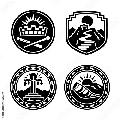 Andean Llama Mountain and Ruins Emblem Collection in Black Silhouette