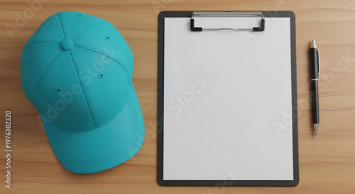 木製の机に置かれた水色の帽子、クリップボード、ペン