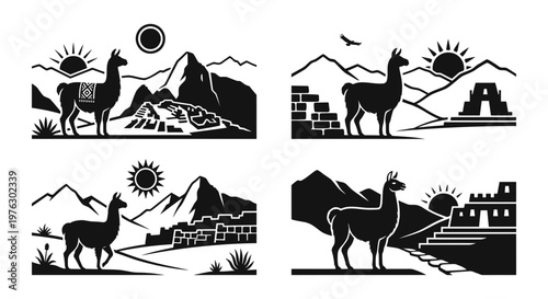 Fortress Monument and Wave Heritage Emblem Collection in Black Silhouette