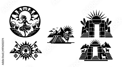 Ancient Sun Dancer and Temple Symbol Collection in Bold Black Silhouette