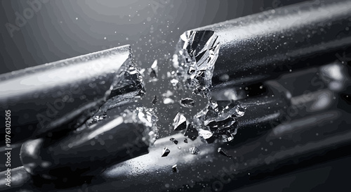 A burst pipe with water spraying out in a dramatic and chaotic scene of destruction and damage