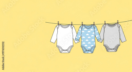 黄色背景に吊るされた3枚の可愛いベビー服のイラスト