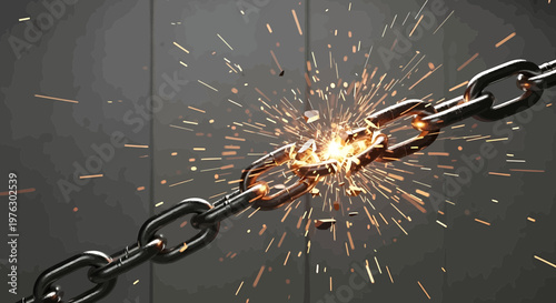 A broken chain with sparks flying, symbolizing freedom and empowerment in a dramatic scene