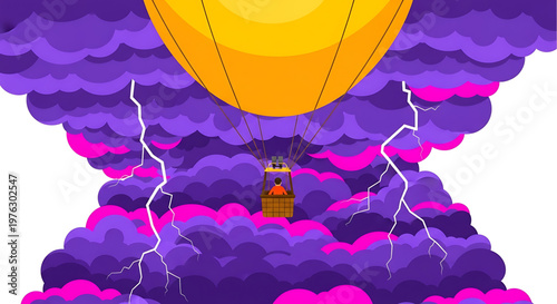 A vibrant hot air balloon soaring through stormy purple clouds with lightning