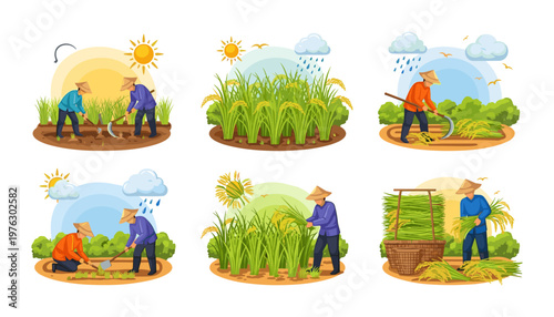 Vietnam Rural Life and Agriculture Vector Set with Rice Terraces, Water Buffalos, Farmers, and Traditional Tools.ai