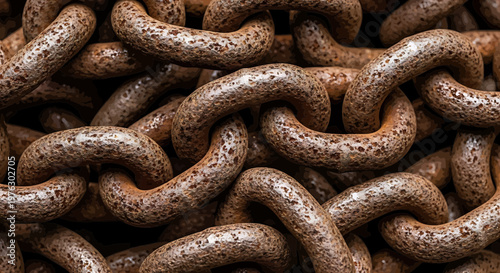 A close-up view of a pile of rusty metal chains with a textured surface