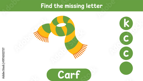 Educational worksheet for children to find the missing letter for the word scarf isolated on white background