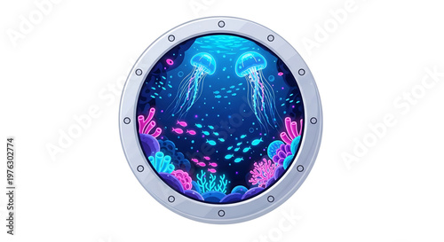 A colorful underwater scene viewed through a porthole window with jellyfish and coral reef